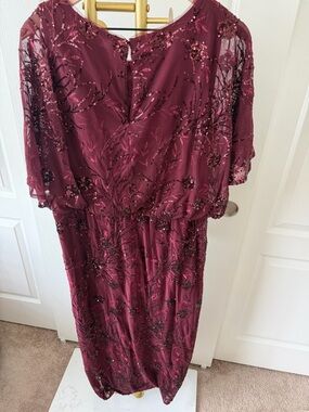 SLNY Burgundy Sequin-Embellished Midi Dress